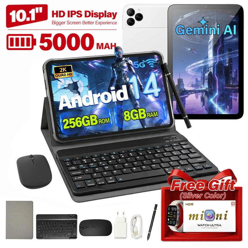 Tablet Android 14 de 10,1" con pantalla 2K, 8+256 GB, compatible con WiFi y SIM, ideal para el hogar: streaming, lectura y navegación. Incluye teclado, ratón y lápiz óptico.