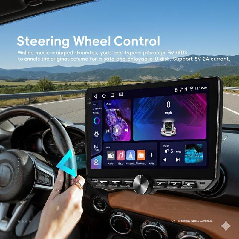 Autoestéreo MP5 giratorio de 10.1 pulgadas, CarPlay inalámbrico y Android Auto, Android 15 (4 GB + 64 GB), Bluetooth 5.0, FM/RDS, 6 salidas RCA, pantalla táctil con control giratorio: una mejora en el entretenimiento a bordo.