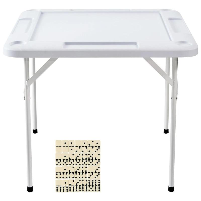 Mesa de Mahjong VEVOR, cuadrada, plegable, para 4 jugadores, con 4 portavasos y 4 bandejas para fichas, mesa de juego de dominó portátil con 1 juego de dominó para Mahjong, póker y rompecabezas, 90 x 90 cm, blanca.