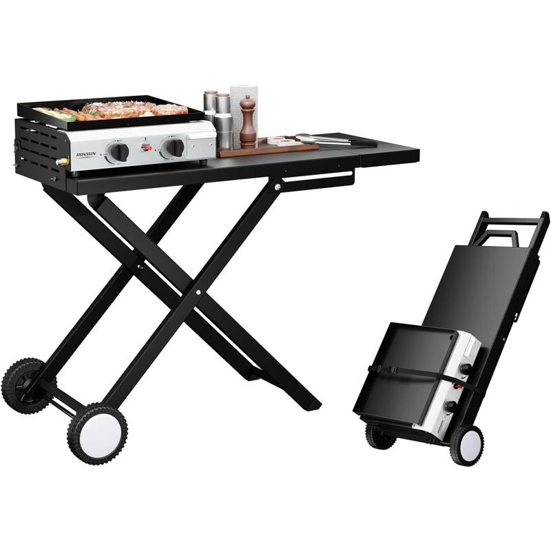 Plancha plegable de propano ROVSUN de 4 quemadores con ruedas y bandeja esmaltada, parrilla de gas portátil de superficie plana de 40000 BTU con encendido electrónico y regulador para cocinar al aire libre, acampar, barbacoas, picnics y eventos deportivos