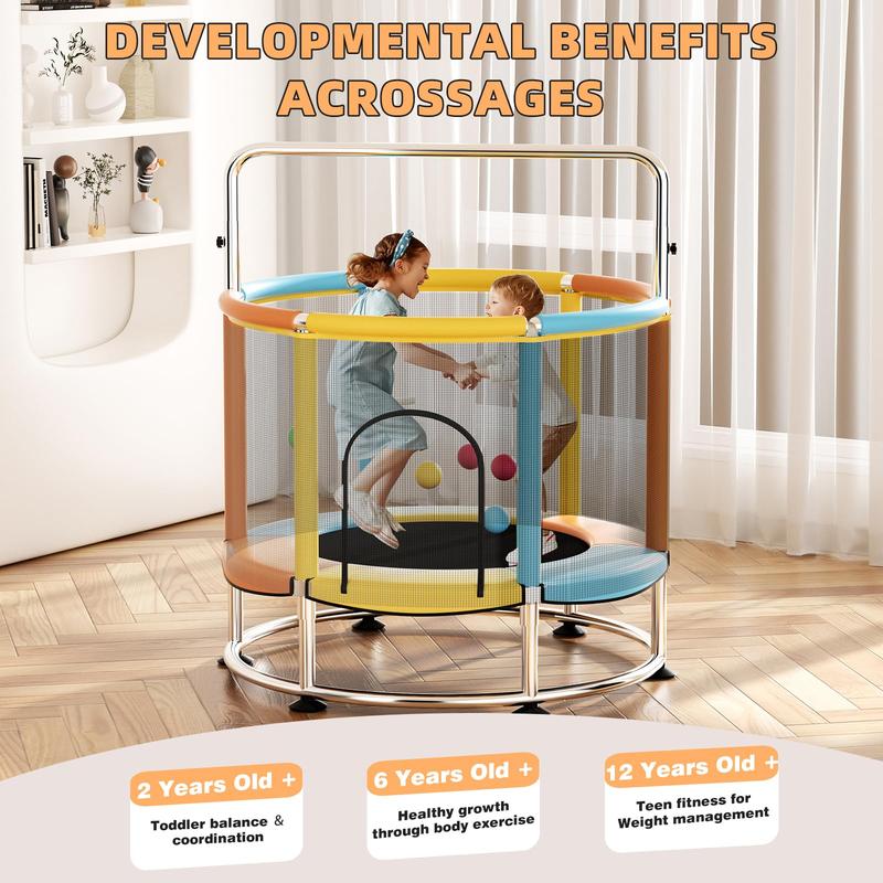 Cama elástica de 55" para niños, hasta 200 kg (440 lbs), mini cama elástica con base redonda antivuelco, cama elástica para niños pequeños para interiores y exteriores con red de seguridad, barras de gimnasia ajustables y aro de baloncesto.
