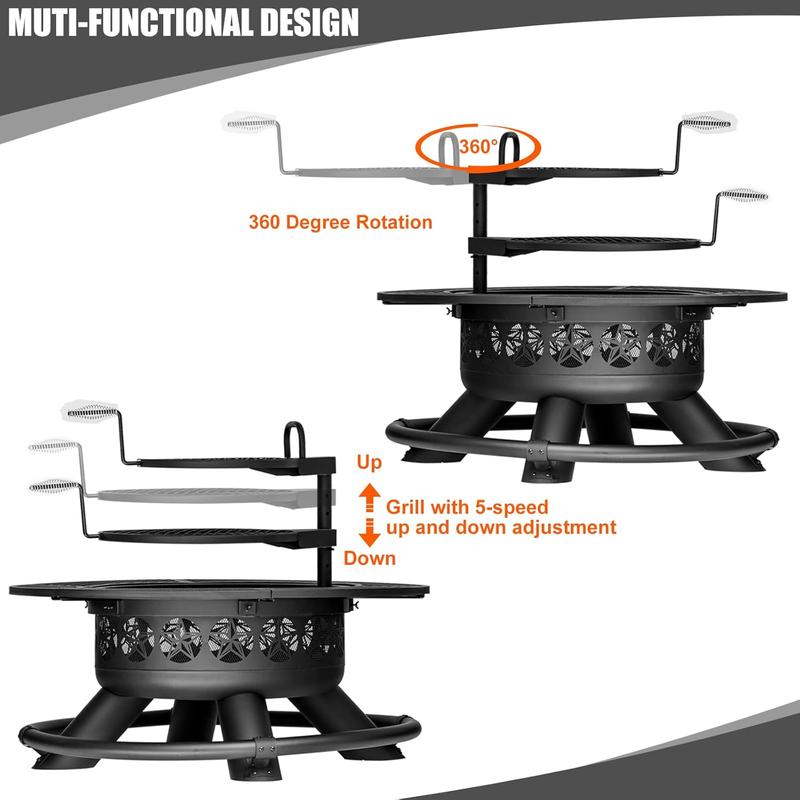 Brasero de exterior de 119 cm con 2 parrillas, brasero de barbacoa extragrande para exteriores, brasero redondo de metal con tapa y atizador, chimenea de exterior de leña 3 en 1 para patio trasero, terraza o fogata.