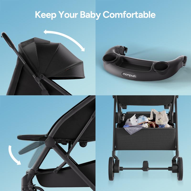 Cochecito de viaje ligero Mompush Lithe V2, cochecito compacto plegable para bebé con bolsa de viaje, plegado con una sola mano, bandeja para meriendas, asiento reclinable mecánico, apto para aviones, capota con protección UPF 50+ y funda para la lluvia.