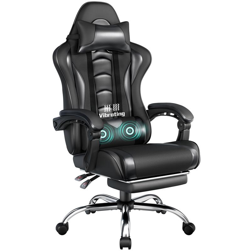 Silla ergonómica para videojuegos con soporte lumbar con masaje, reposapiés y reposacabezas retráctiles – Silla de oficina reclinable de cuero sintético, silla de escritorio giratoria con ruedas para jugadores altos.