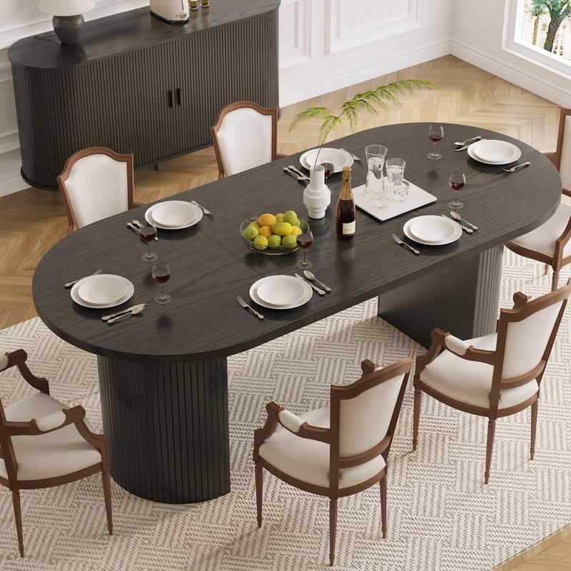 Mesa de comedor de 70,8 pulgadas para 4-6 personas, mesa de comedor ovalada con base de listones de madera curvados y estriados, mesas de cocina modernas de mediados de siglo con almohadillas en las patas, mesas de comedor para sala de estar, comedor
