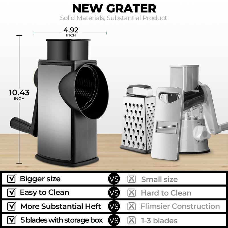Rallador de queso manual compacto SUSTEAS - Modelo rotativo de acero inoxidable con juego de 5 cuchillas, manivela de accionamiento rápido, base con ventosa potente, caja para guardar las cuchillas, empujador suave y seguro para los dedos, cortador de man