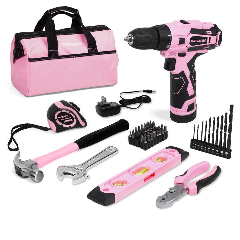 #rebajasdeverano WORKPRO Taladro atornillador inalámbrico rosa de 12 V y kit de herramientas para el hogar, juego de herramientas manuales para bricolaje y mantenimiento del hogar, incluye bolsa de almacenamiento de 35 cm - Cinta rosa