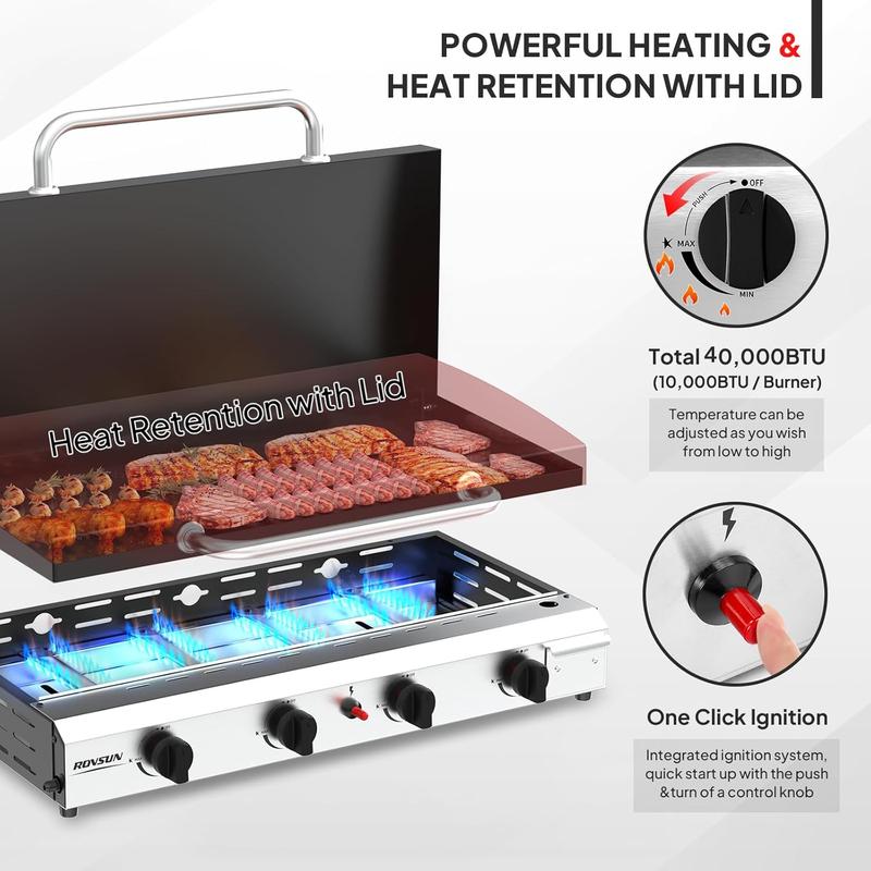 Plancha portátil de propano ROVSUN de 2/4 quemadores con bandeja y tapa esmaltadas, parrilla de gas de mesa plana de 20000/40000 BTU con encendido electrónico y regulador para cocinar al aire libre, acampar, barbacoas y eventos al aire libre.