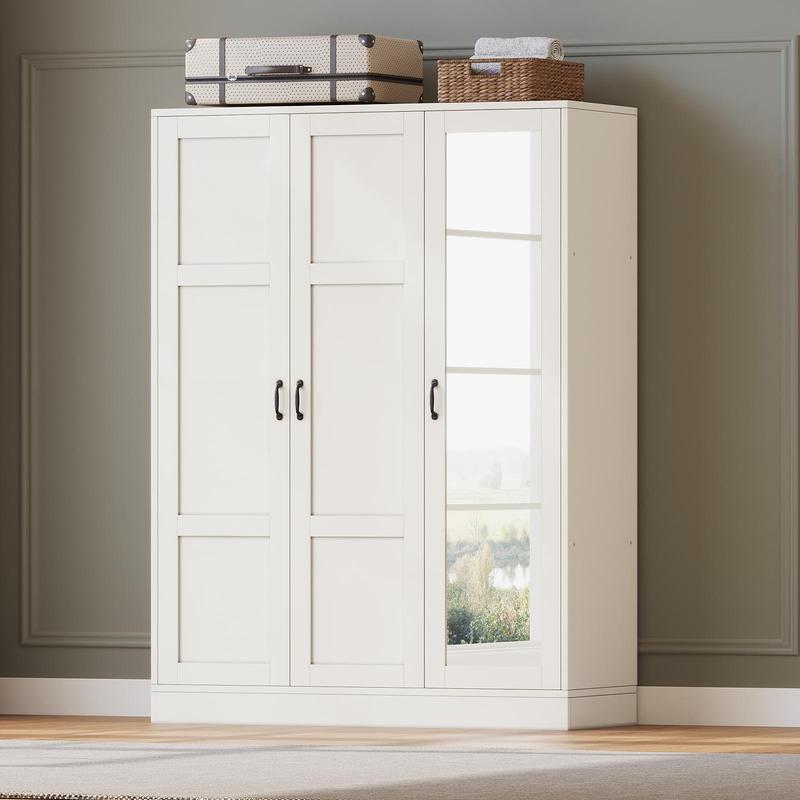 Armario moderno de madera blanca de 3 puertas FUSOU - Mueble de almacenamiento independiente con espejo de cuerpo entero, estantes ajustables, barra para colgar ropa, organizador de ropa, se envía en 2 paquetes para la organización del armario del dormito