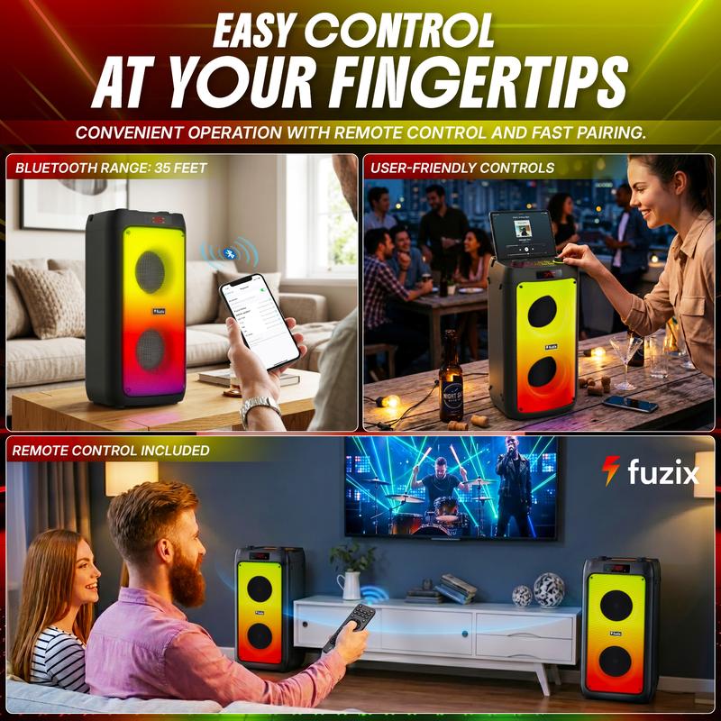 Altavoz portátil Bluetooth Fuzix Pulse de 30 W para fiestas, micrófono inalámbrico para karaoke, luces LED dinámicas, emparejamiento estéreo TWS, radio FM, Bluetooth 5.3, carga USB-C, entrada AUX, tarjeta TF y MicroSD, control remoto, perillas de eco y ec