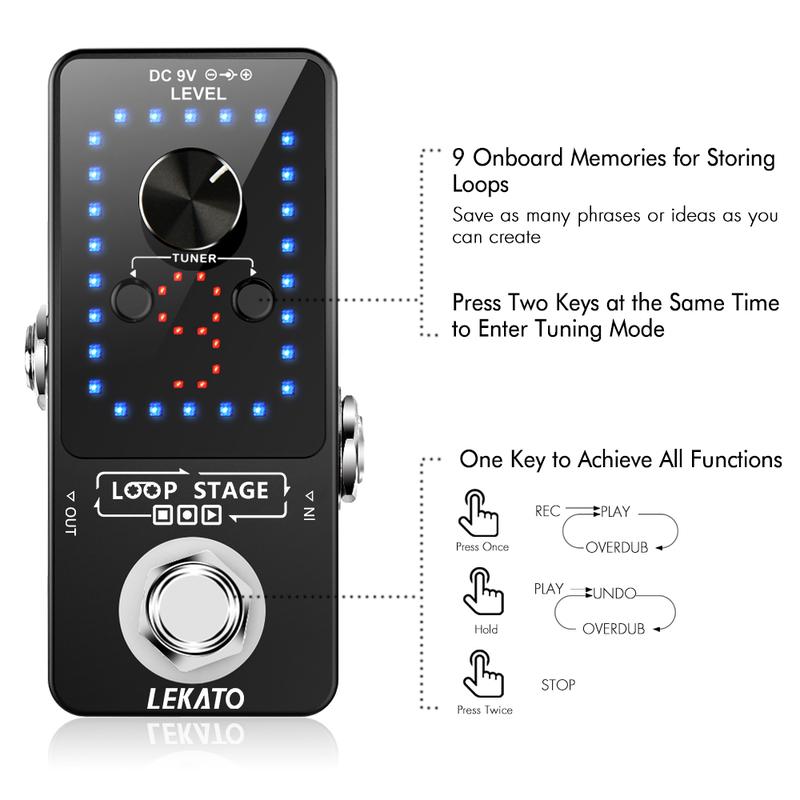 Pedal looper de guitarra LEKATO, set de pedales de efectos para guitarra con bucle simple de 5 minutos, 3 bucles de 18 minutos, 9 bucles de 30 minutos, función de grabación, sincronización y afinador.