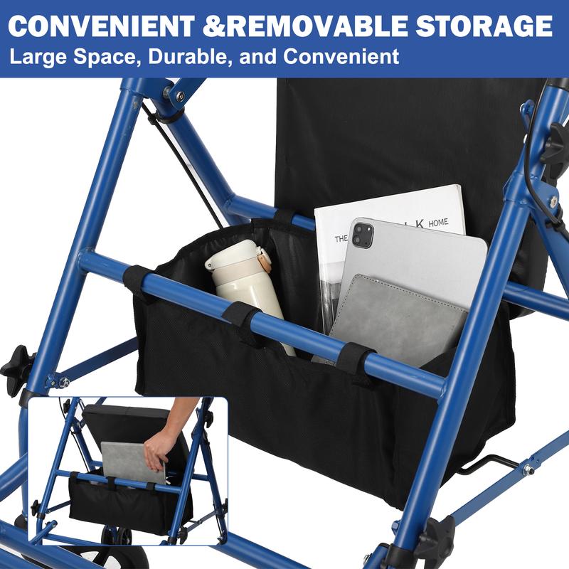 Andador plegable Garvee para personas mayores, asiento y respaldo acolchados, asas ergonómicas, bolsa de almacenamiento, reposapiés resistente, color azul.