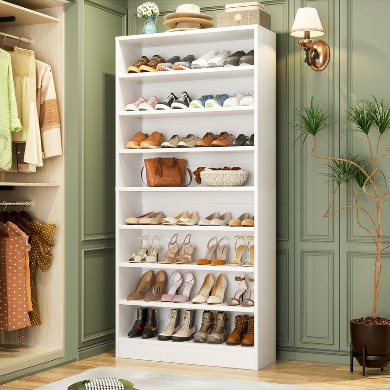 Zapatero vertical de madera de 8 niveles, organizador de armario resistente con estantes ajustables, mueble para pasillo con capacidad para 40-45 pares de zapatos.