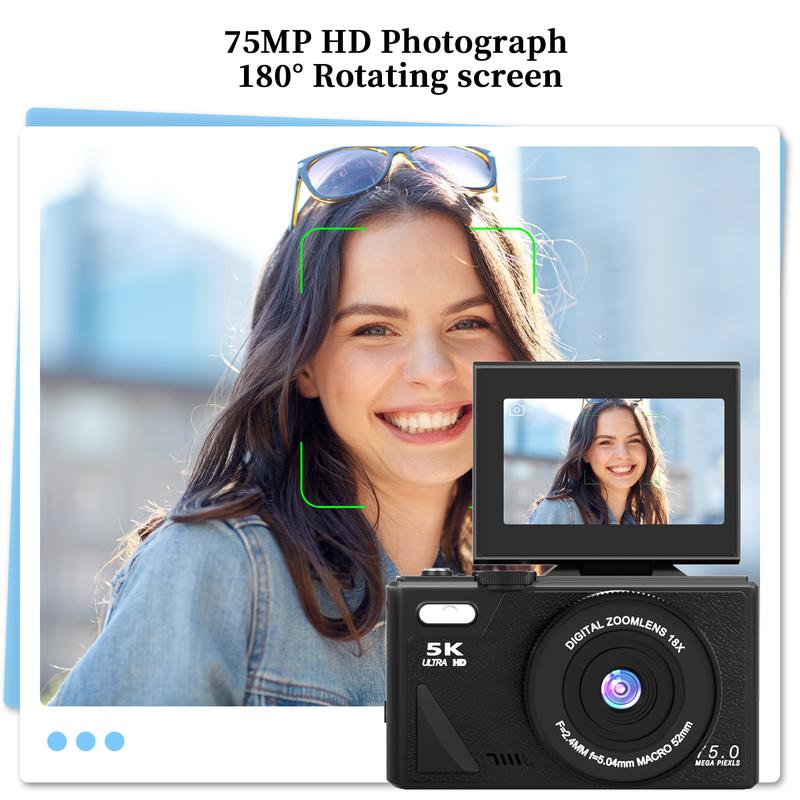 Cámara digital 5K 2026, cámara retro portátil, cámara digital de 180° con pantalla abatible, cámara para vlogging con zoom digital 18X, cámaras para fotografía, cámara de viaje compacta para adolescentes, regalos de verano