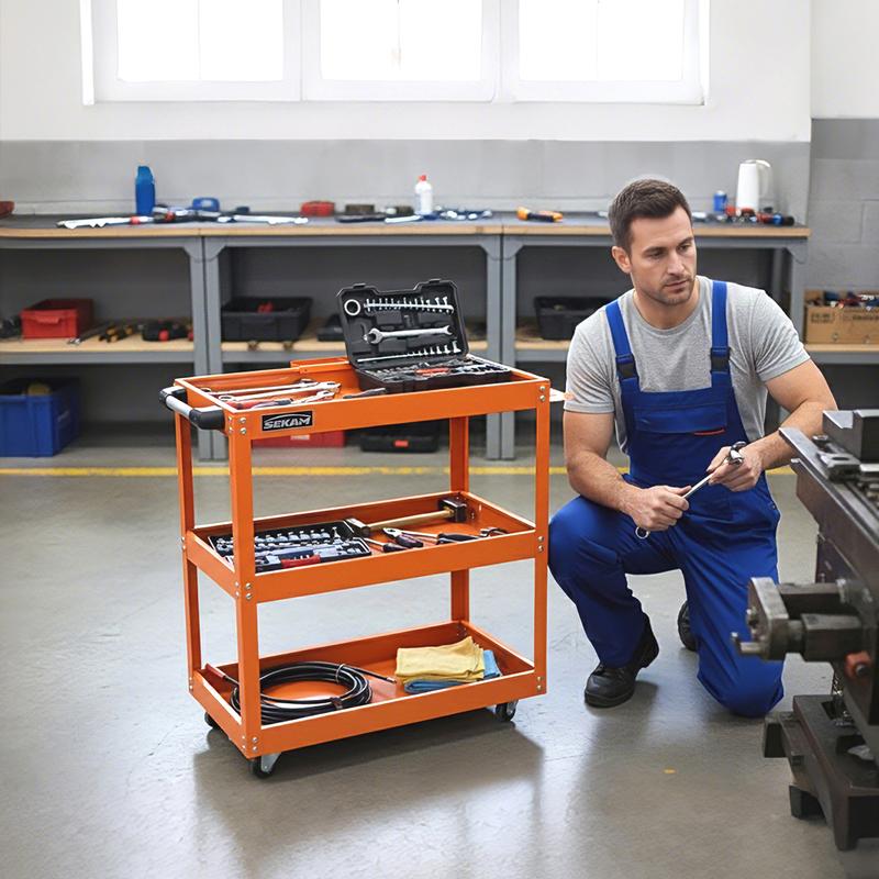 Carro utilitario metálico SEKAM de alta resistencia con capacidad para 150 kg (330 lbs) y base rodante de 4 ruedas. Carro de trabajo para garaje, almacén, taller y almacenamiento de herramientas para uso industrial.