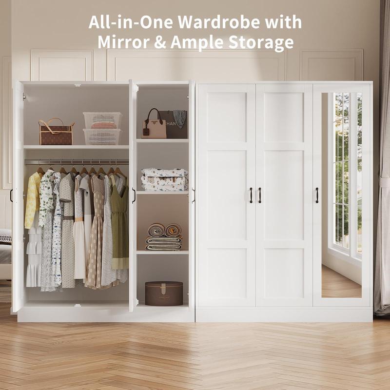 Armario moderno de madera blanca de 3 puertas FUSOU - Mueble de almacenamiento independiente con espejo de cuerpo entero, estantes ajustables, barra para colgar ropa, organizador de ropa, se envía en 2 paquetes para la organización del armario del dormito