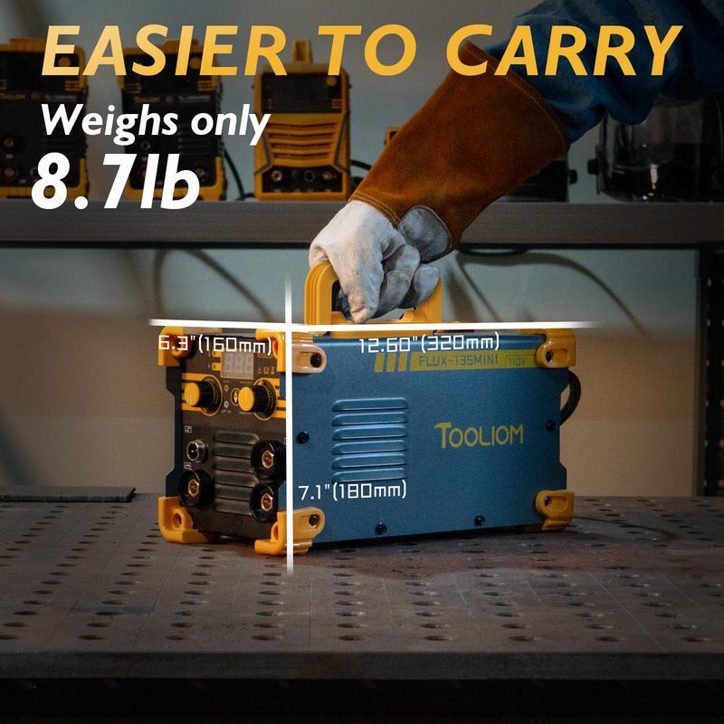 Soldadora MIG sin gas TOOLIOM FLUX-135-MINI de 110 V - Máquina de soldadura 3 en 1 de 135 A con núcleo fundente/TIG/electrodo revestido para principiantes, soldadora portátil con alimentador de alambre inverter, incluye guantes y alambre E71T-GS.