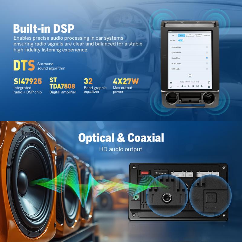 El sistema de audio para automóvil EONON es compatible con los modelos de 2015 a 2020 y admite CarPlay y Android Auto (con y sin cable). Incluye una unidad principal con pantalla táctil IPS Android 13 de 12,1 pulgadas, sonido envolvente DTS, Bluetooth, GP