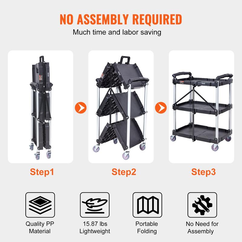 Carro de servicio móvil VEVOR de PVC resistente con 3 estantes - Capacidad de 75 kg, ruedas giratorias con bloqueo, asa ergonómica, soporte plegable con ruedas, estantes organizadores estables, ideal para artículos del hogar, hoteles y almacenes.