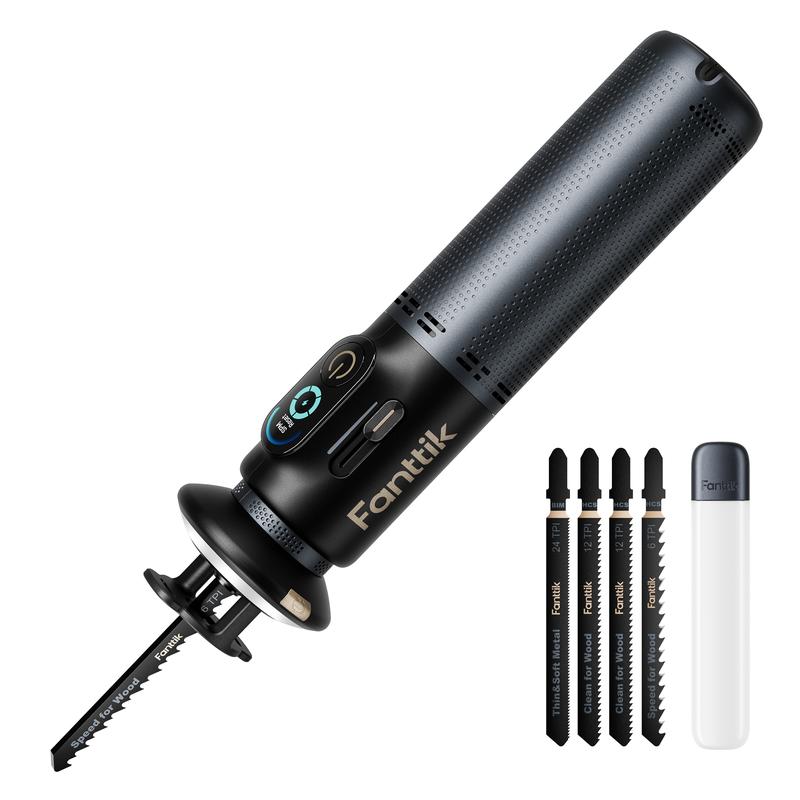 Sierra de sable inalámbrica mini Fanttik R11 Pro sin escobillas, velocidad variable de 0 a 2200 SPM, carga rápida tipo C, cambio de hoja sin herramientas, kit de 5 hojas para madera, metal y PVC.
