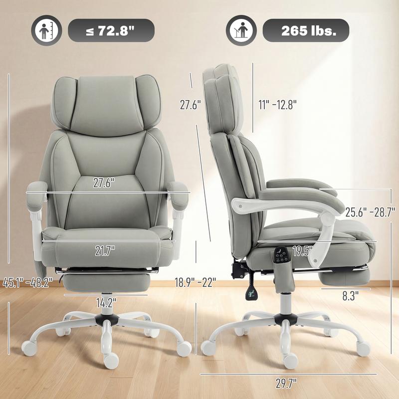 Sillón de oficina con masaje y vibración de 6 puntos, sillón reclinable acolchado con respaldo alto, tapizado en cuero sintético, reposapiés, cojín de muelles grueso, soporte lumbar, altura ajustable y ruedas giratorias.