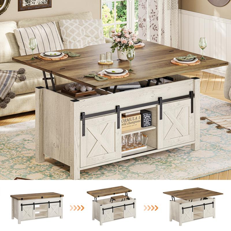 Mesa de centro Sedeta 4 en 1 multifuncional con tapa elevable - Muebles de sala de estar de estilo rústico en roble envejecido, mesa de comedor convertible con diseño plegable, puertas corredizas, almacenamiento y compartimento oculto, mesas de comedor co