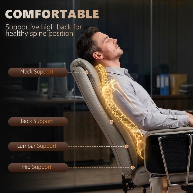 Sillón de oficina con masaje y vibración de 6 puntos, sillón reclinable acolchado con respaldo alto, tapizado en cuero sintético, reposapiés, cojín de muelles grueso, soporte lumbar, altura ajustable y ruedas giratorias.