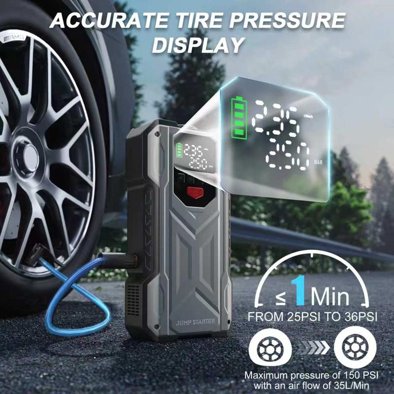 Arrancador de coche de 16000 mAh con compresor de aire incorporado - Arranque de vehículos de 12 V, compatible con modelos de gasolina de 10 L y diésel de 9 L, herramienta portátil multifuncional de rescate en carretera.