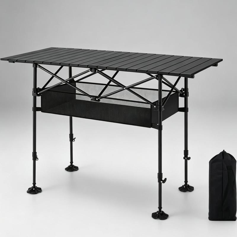 Mesa de picnic plegable portátil AORAN para exteriores, con estructura de acero resistente, mesa plegable ultraligera y compacta con gran cesta de almacenamiento de malla, diseño desmontable para playa, camping, viajes, barbacoas en el jardín y picnics.