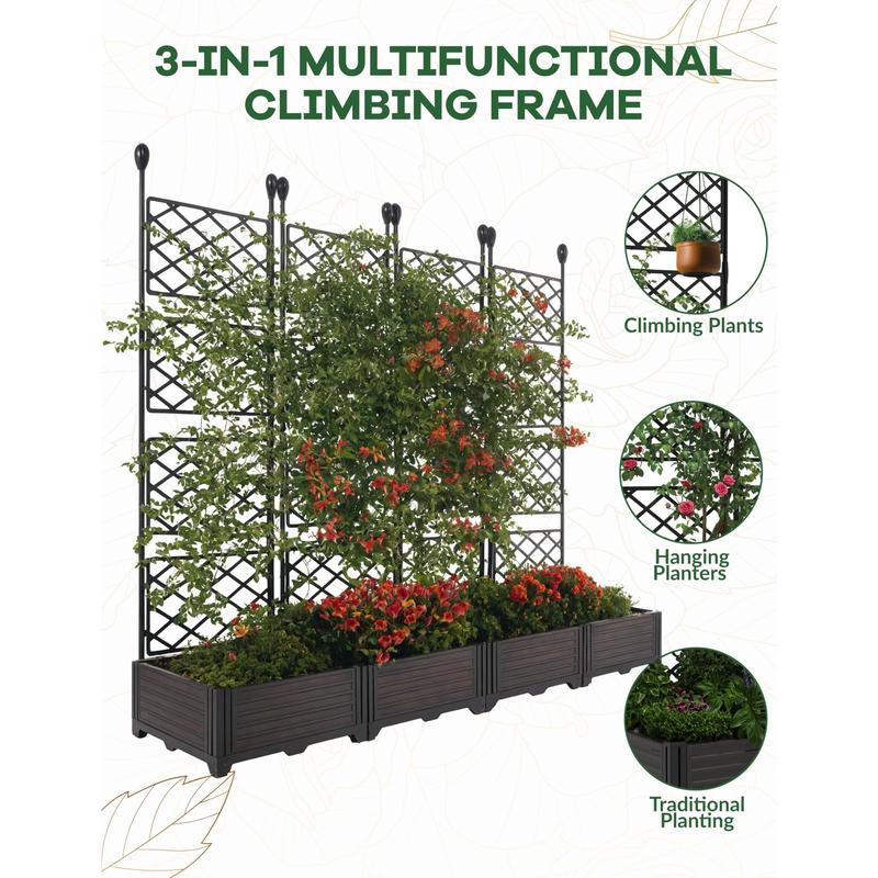 Juego de 7 macetas elevadas con enrejado, 116" de ancho x 63" de alto, de plástico, para jardín vertical exterior con plantas trepadoras, con pantalla de privacidad integrada, resistentes y ligeras para patio, balcón y jardín.