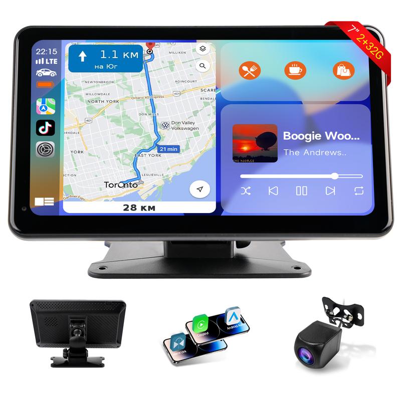 Autoestéreo inalámbrico Apple CarPlay y Android Auto de 7" (modelo 2026), pantalla táctil HD de 7", cámara de reversa, control por voz y radio FM – Ajuste universal.