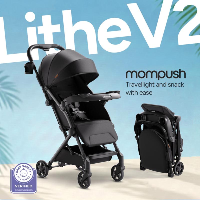 Cochecito de viaje ligero Mompush Lithe V2, cochecito compacto plegable para bebé con bolsa de viaje, plegado con una sola mano, bandeja para meriendas, asiento reclinable mecánico, apto para aviones, capota con protección UPF 50+ y funda para la lluvia.