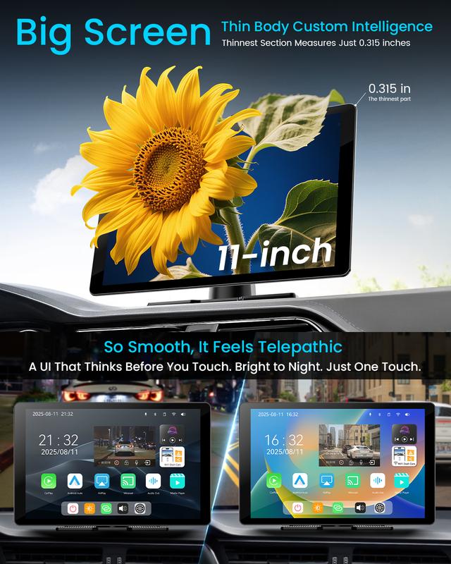 Pantalla inalámbrica extragrande de 11" con Apple CarPlay para coche – Estéreo para coche con pantalla táctil ultradelgada de 0,16 pulgadas con Android Auto, cámara de salpicadero 4K, cámara de marcha atrás 1080p, GPS, Mirror Link, control por voz, tarjet