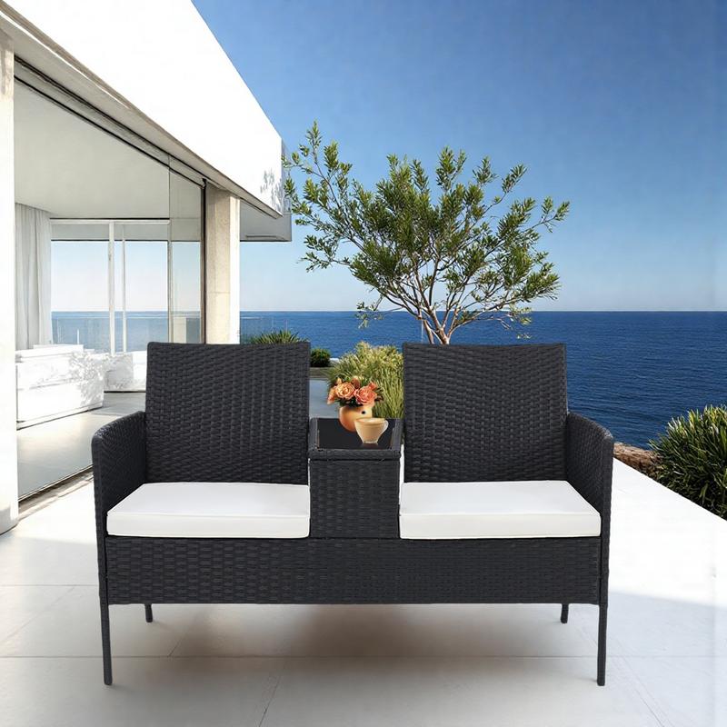 Conjunto de conversación de mimbre para patio de 2 plazas, sofá de dos plazas de ratán para exteriores con mesa, fundas de cojín lavables, patio trasero, jardín, césped, ratán negro con cojín negro, jardín de verano, decoración del hogar, artículos esenci