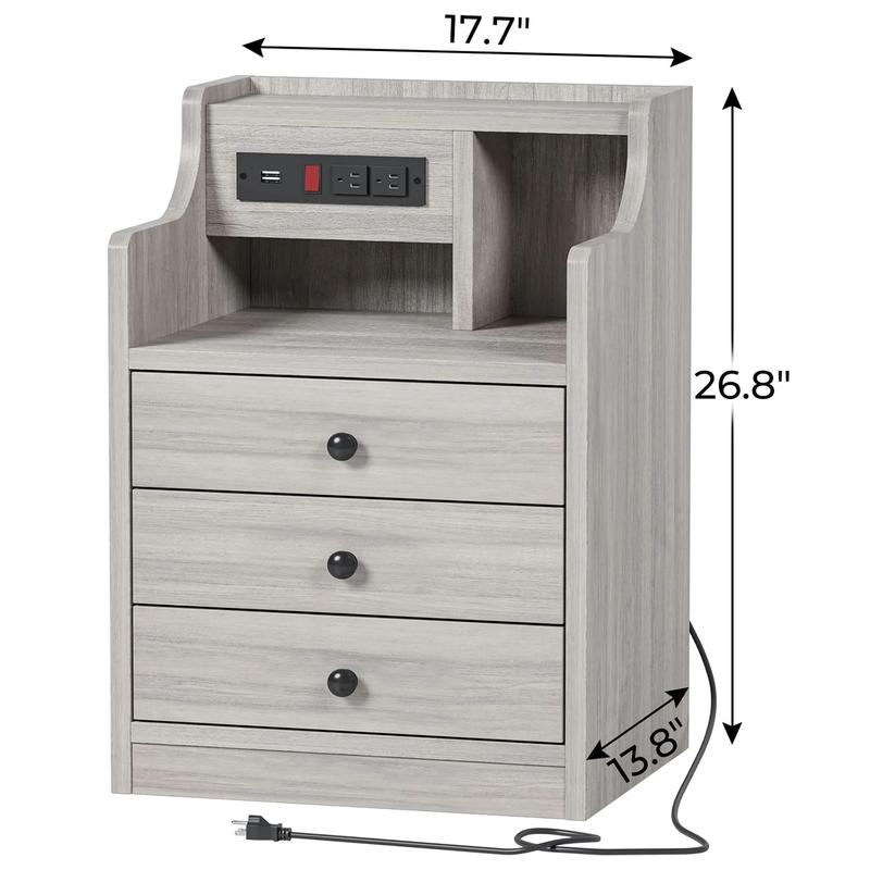 Mesita de noche gris con 3 cajones y estación de carga. Mesita de noche moderna con 2 puertos USB y 2 tomas de corriente para teléfonos y tabletas. Ideal para los artículos esenciales del dormitorio.