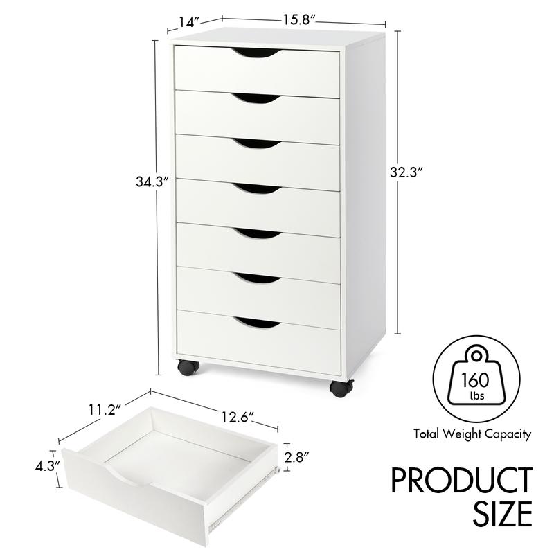 Organizador de almacenamiento VOWNER de 7 cajones, cómoda alta con ruedas, cajones Alex, organizador de tocador para maquillaje, oficina en casa, dormitorio.