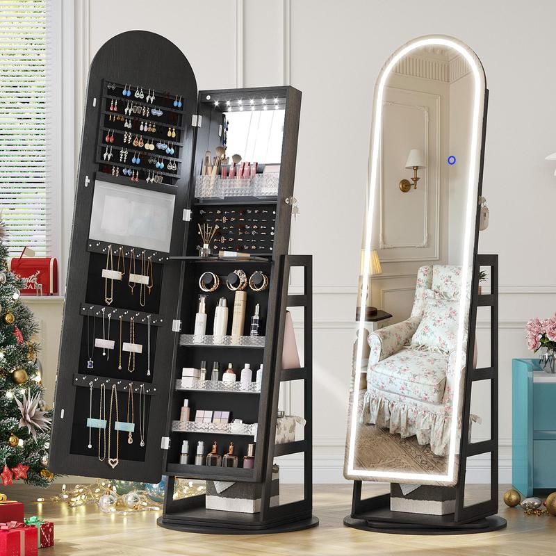 Armario joyero con espejo LED de pie – Armario joyero con cerradura, espejo arqueado de cuerpo entero, luces LED ajustables, regalo ideal para el Día de la Madre, summerwins