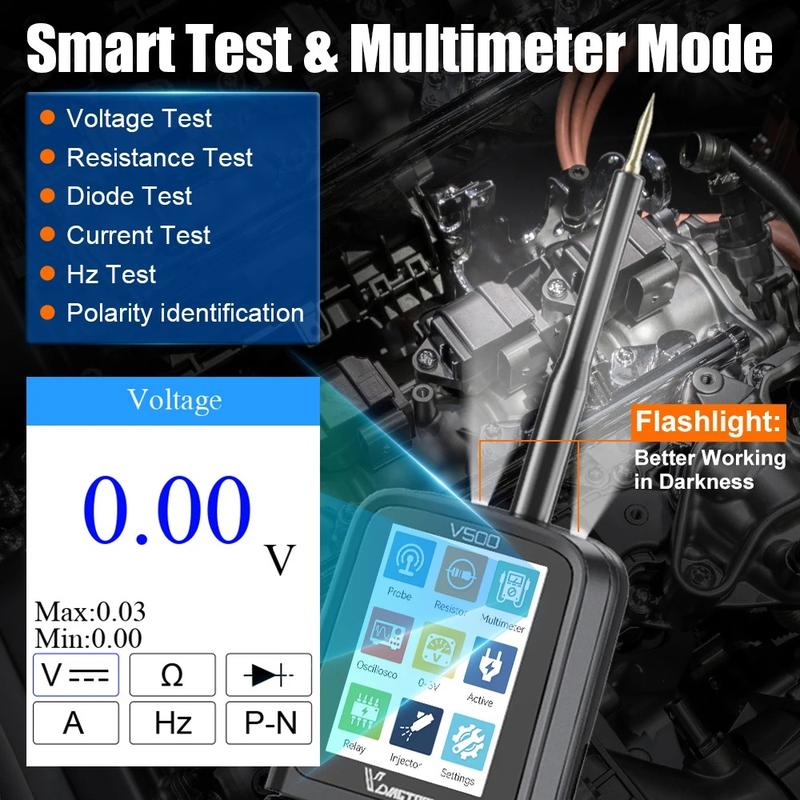 Probador automotriz VDIAGTOOL V500 Pro 2026 - Probador de relés de batería automotriz, herramienta de verificación de voltaje para automóviles, sonda de circuito de 9V-30V, buscador de disyuntores, multímetro, osciloscopio, buscador de circuitos abiertos