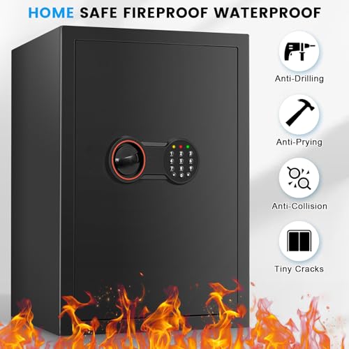 2.8 Cub Large Home Safe Fireproof Waterproof, Steel Home Security Safe Box with Electronic Keypad, Spare Keys and Alarm System, Fireproof Safe for Home Document Money Valuables