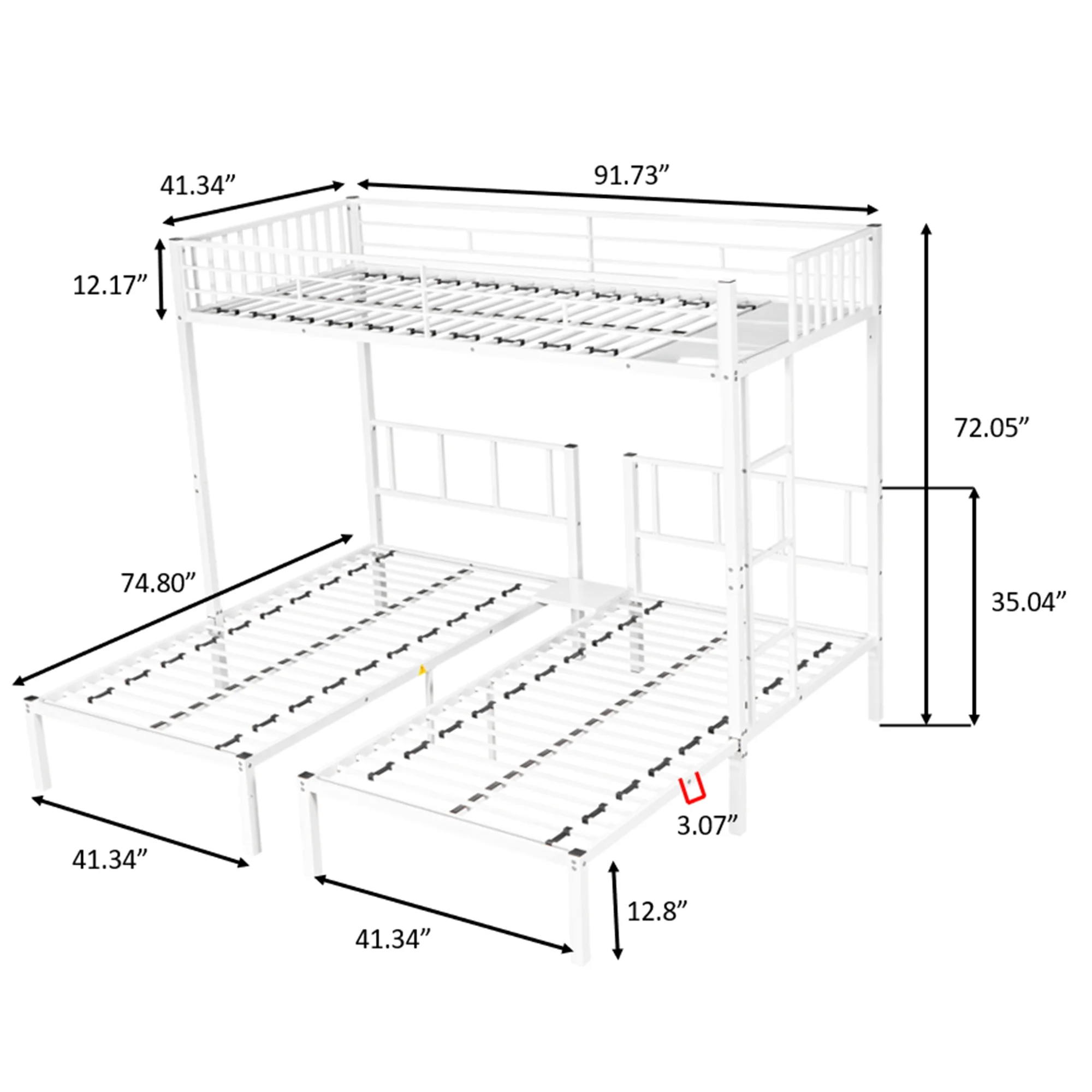Triple Bunk Beds, Metal Twin XL over Twin & Twin Bunk Bed for 3, Kids Triple Bunk Can be Separated into 3 Beds (White)