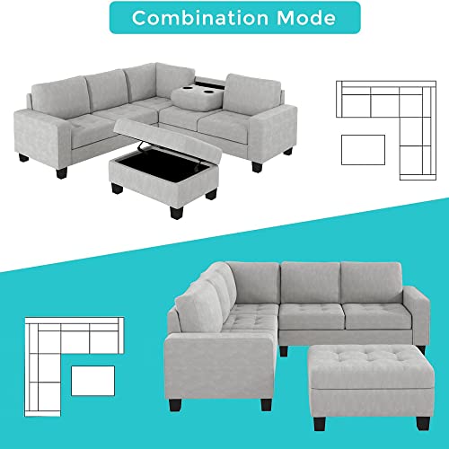 Sectional Corner Sofa L-Shape Couch Space Saving with Storage Ottoman & Cup Holders Design for Large Space Dorm Apartment,Light Grey Living Room Sectionals