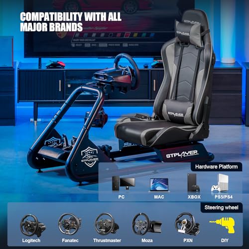 GTPLAYER Racing Simulator Cockpit with Seat and Bluetooth Speakers, Racing Style Reclining Seat and Ultra-Sturdy Alloy Steel Frame, A/B Box (Blue)