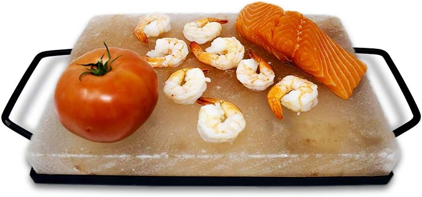 Himalite Himalayan Pink Salt Block & Metal Tray Set 12” x 8” x 1.5” for Cooking, Grilling, Cutting, and Serving with Himalayan Cooking Accessories Pack of 2