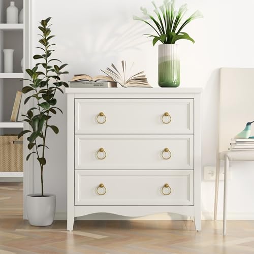 Farmhouse 3-Drawer Dresser, Fully-Assembled French Country Chest of Drawers with Embossed Geometric Lines, Rustic Dresser for Bedroom, Living Room, White