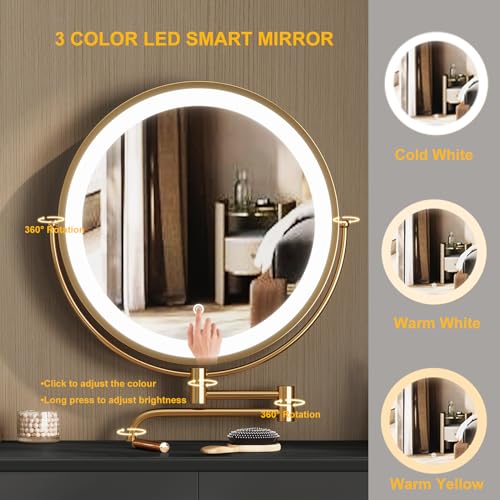 Vanity Desk Set with 360° Rotating Mirror and Lights, Small Makeup Vanity with Microfiber Leather, Vanity Table with 3 Lighting Modes, 2 Drawers, Stool - 31.5in Black