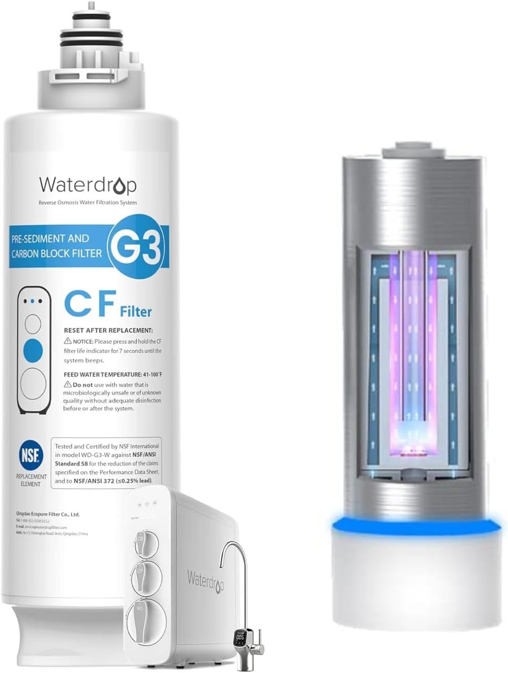 Waterdrop WD-G3-CF and LED UV͎ Ultrąviolët Water Filter, Replacement for WD-G3-W, WD-G3P600 and WD-G3P800-W Reverse Osmosis System, 6-month Lifetime-BUNDLE