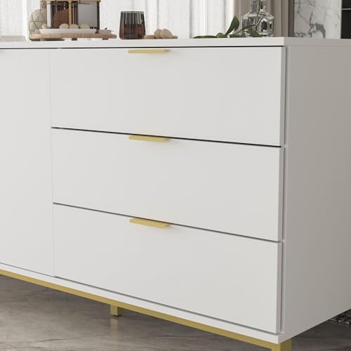 MOUMON Sideboard Storage Cabinet with Drawers and Doors, Credenza Sideboard Buffet, Gold Metal Frame Legs, for Kitchen Hallway White (62.9”W x 15.7”D x 27.5”H)