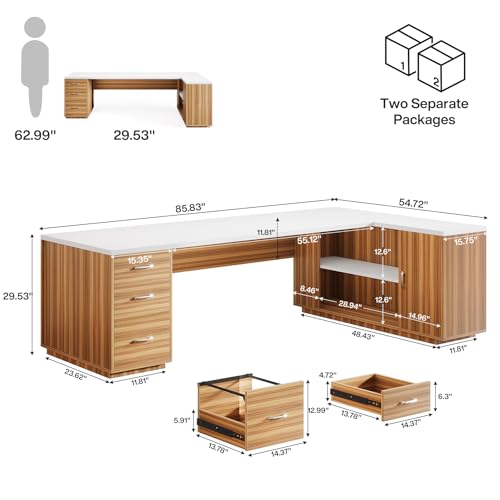 Tribesigns 85.8-Inch L-Shaped Executive Desk with File Drawers, Door Cabinet & Shelves, Extra Large Commercial Office Desk, Modern Professional Office Table, White & Brown Business Furniture