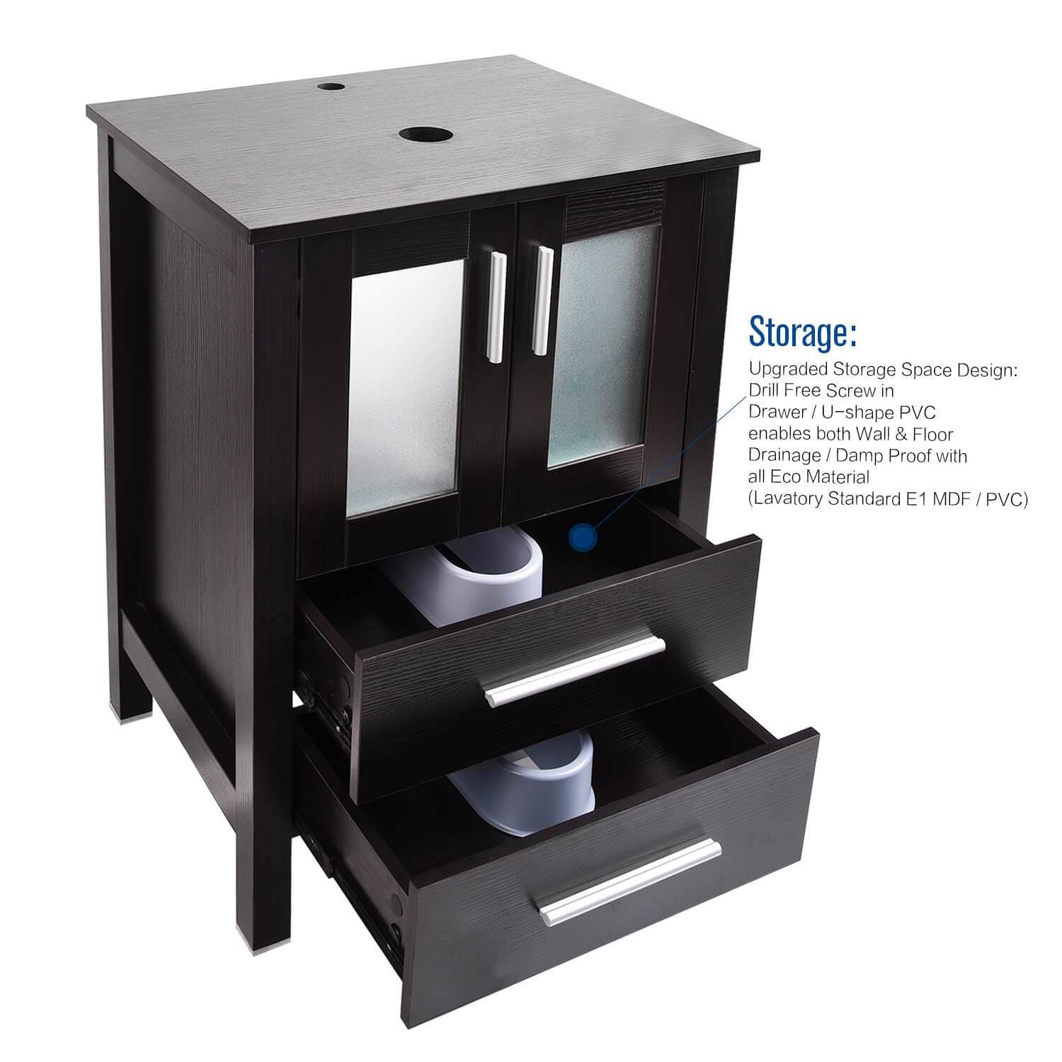 Puluomis 24 inch Bathroom Vanity Combo Modern MDF Cabinet, Dark Brown Fixture Pedestal Cabinet, Black