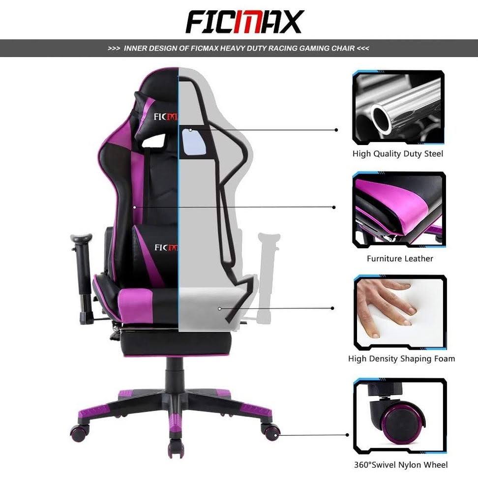 Ficmax Ergonomic Massage Gaming Chair with Footrest and Headrest (white/pink)